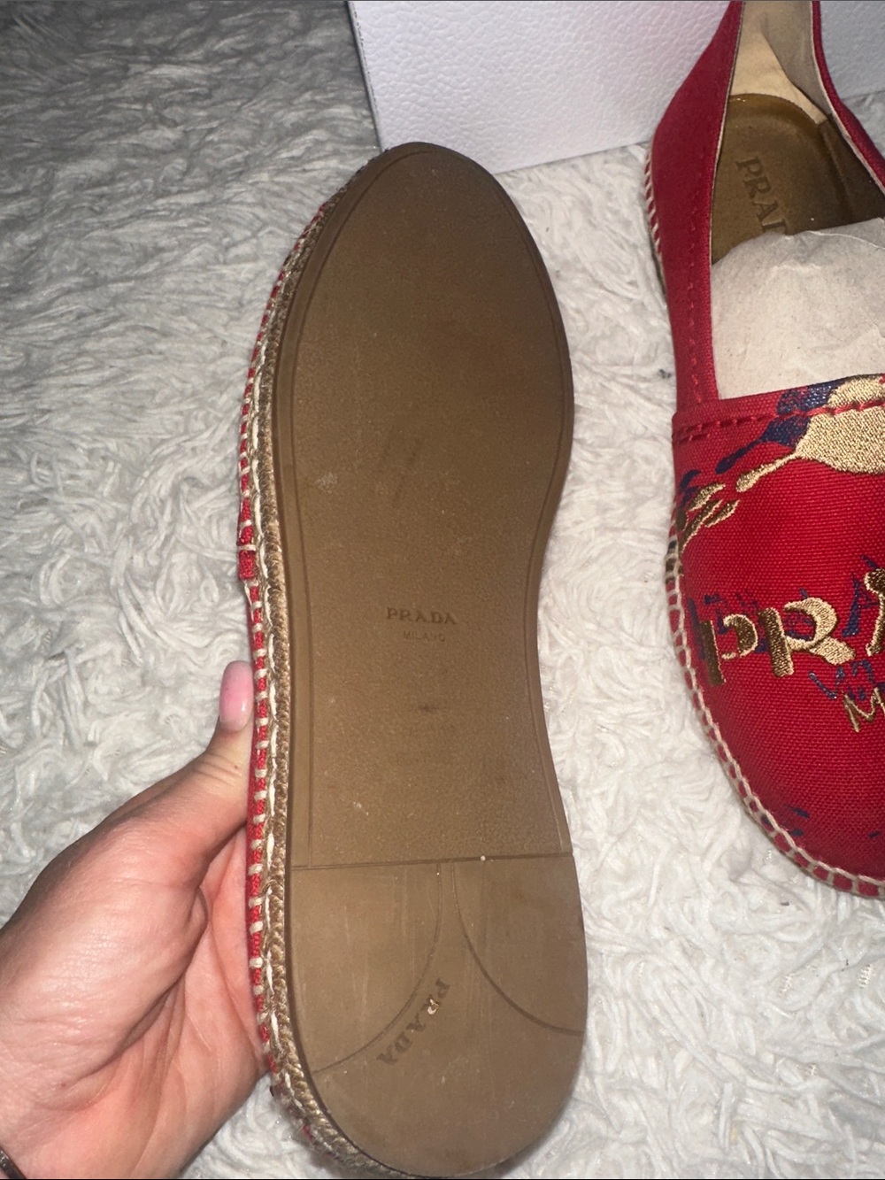 Prada Red Canvas Espadrilles with Gold Embroidered Logo - Picture 4 of 7